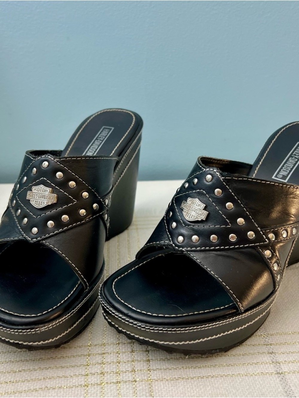 Harley-Davidson Black Leather Studded Platform Mules